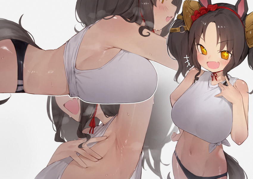 +_+, 1girl, :d, alternate_costume, animal_ears, arm_up, armpit_focus, armpits, black_hair, black_panties, blush, breasts, fang, grey_background, hairband, happy, highres, horse_ears, horse_girl, horse_tail, large_breasts, looking_at_viewer, lying, marvelous_sunday_(umamusume), multiple_views, navel, on_stomach, open_mouth, panties, red_hairband, shirt, short_hair, simple_background, skin_fang, sleeveless, sleeveless_shirt, smile, stomach, sweat, tail, theflatfacadeds, tied_shirt, twintails, umamusume, underwear, white_shirt, xaea_xp