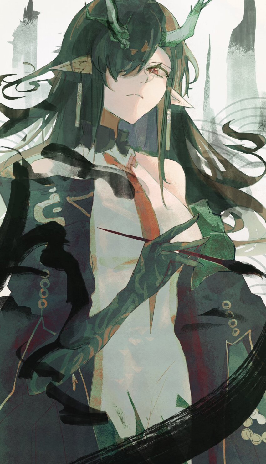 1girl, arknights, black_hair, dragon_girl, dragon_horns, dragon_tail, dusk_(arknights), earrings