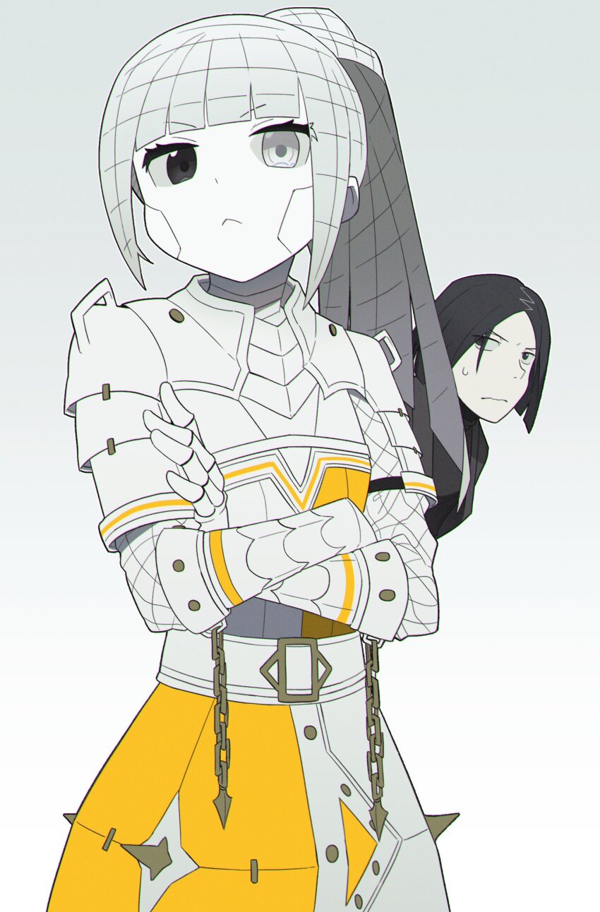 1boy, 1girl, :<, albina_(project_moon), armor, armored_dress, asdf1211950, belt