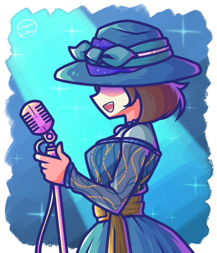 1girl, absurdres, artist_logo, blue_background, brown_hair, clochan_(dongin1228), dress, from_side