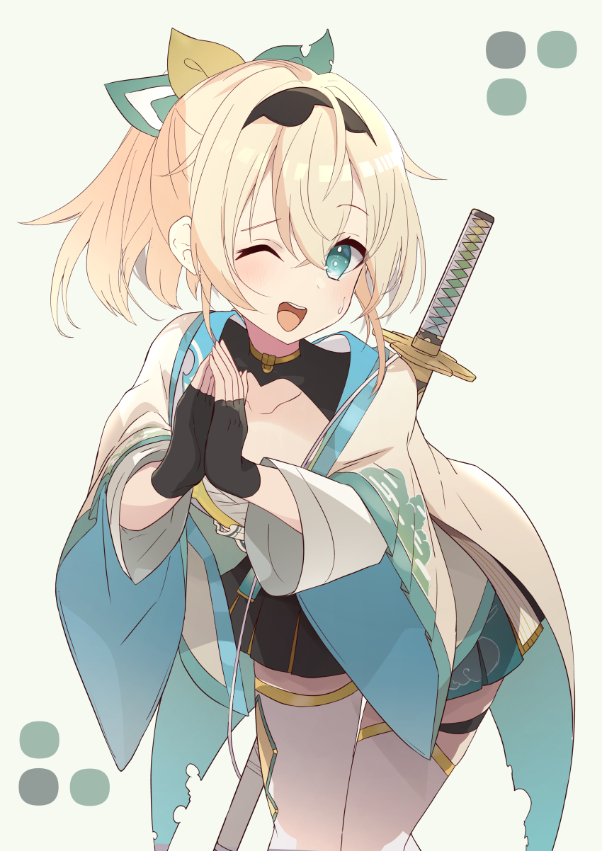 1girl, absurdres, blonde_hair, blue_eyes, chest_sarashi, commentary_request, fingerless_gloves, gloves