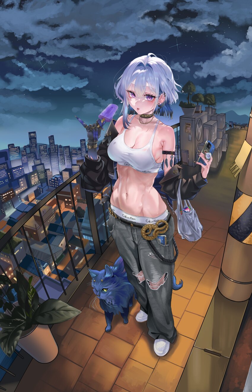 1girl, bra, breasts, calvin_klein, chimera_(wuthering_waves), denim, galbrena_(wuthering_waves), jeans