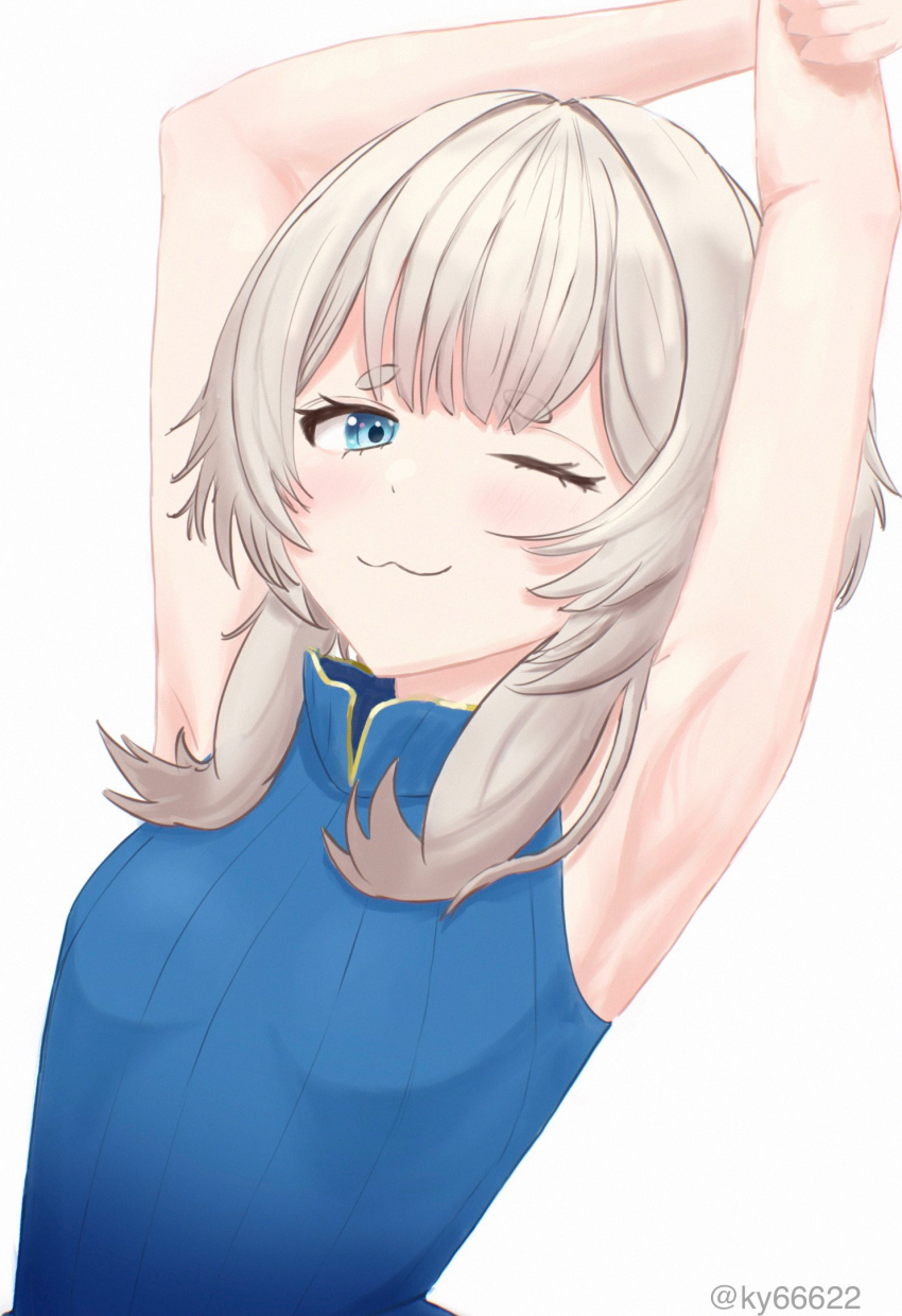 1girl, ;3, armpits, arms_up, blue_eyes, commentary, grey_hair, highres