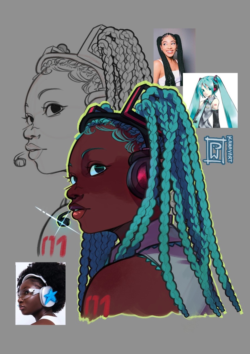 1girl, alternate_skin_color, aqua_hair, artist_name, braid, dark-skinned_female, dark_skin, hatsune_miku