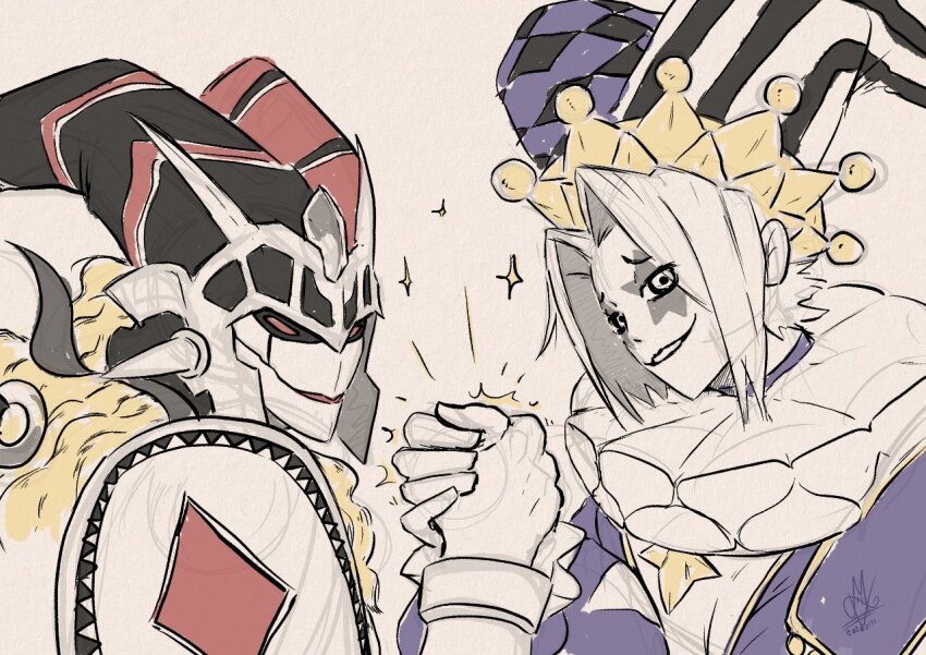 2boys, armor, asymmetrical_eyelashes, clown_crew_biancaviso, colored_skin, epic_handshake_(meme), facial_mark, handshake