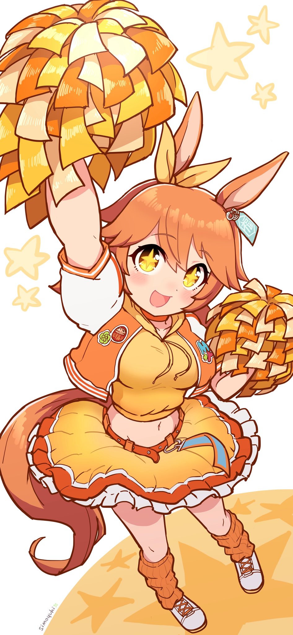 +_+, 1girl, animal_ears, belt, blush, bow, breasts, cheerleader