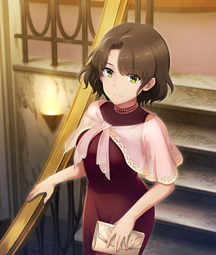 1girl, bag, banister, breasts, brown_bag, brown_hair, cowboy_shot, dress