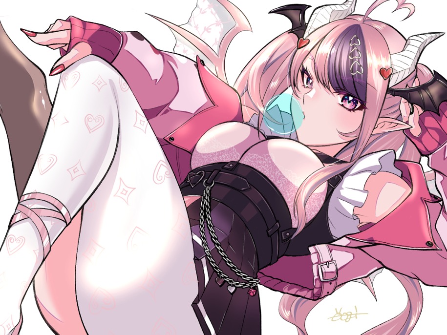 1girl, ahoge, breasts, button_hair_ornament, choker, decora, demon_girl, demon_horns