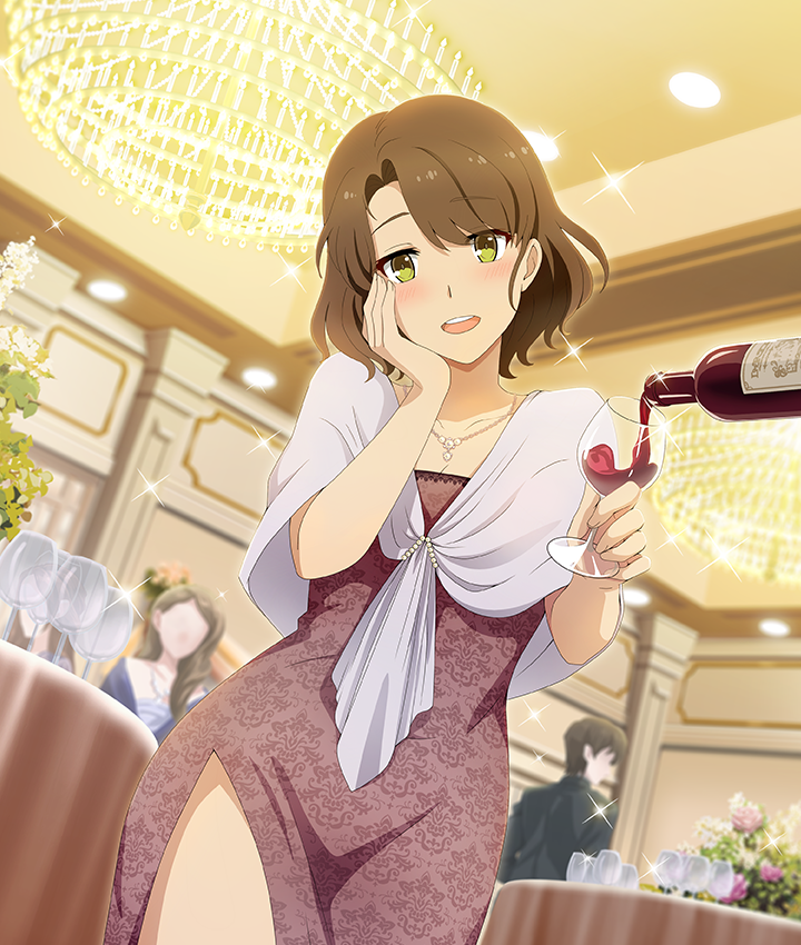 1boy, 2girls, alcohol, black_suit, blue_dress, blush, bottle, brown_hair