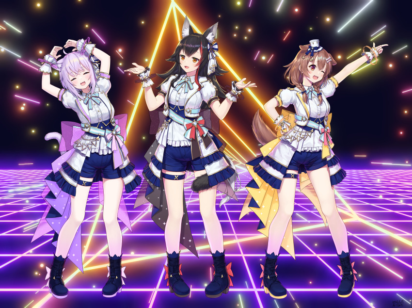 3girls, absurdres, ahoge, animal_ears, ankle_boots, artist_name, back_bow, black_boots