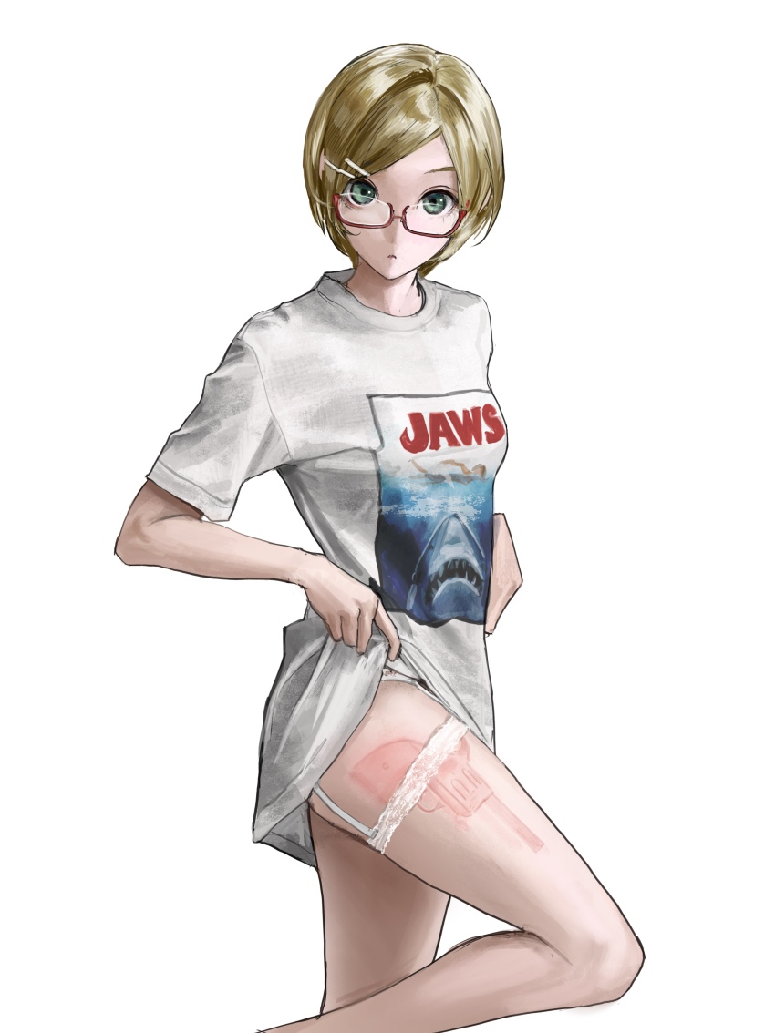 1girl, absurdres, animal_print, art_program_in_frame, bingi, breasts, brown_hair, clothes_lift