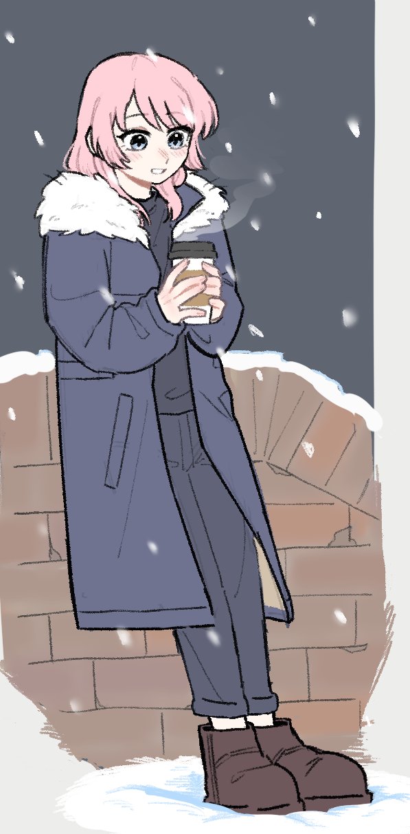 1girl, baiyupiao, bang_dream!, bang_dream!_it's_mygo!!!!!, black_shirt, blue_coat, blue_pants, brown_shoes