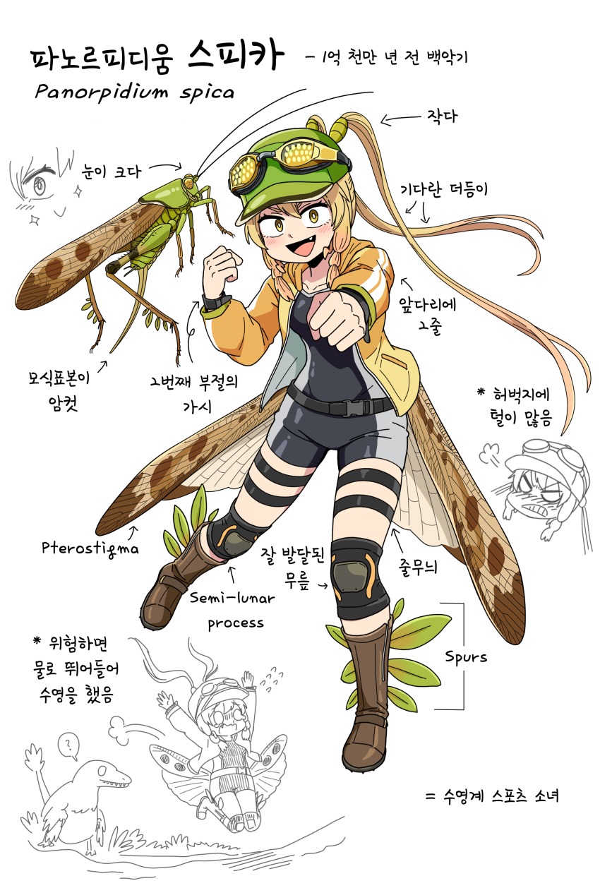 1girl, :d, absurdres, arthropod_girl, baseball_cap, belt, black_belt, blonde_hair, blush, boots, brown_boots, bug, clenched_hands, commentary, creature_and_personification, english_commentary, fang, galois, goggles, goggles_on_head, grasshopper, grasshopper_girl, green_hat, hat, highres, insect, insect_wings, jacket, knee_pads, korean_text, looking_at_viewer, low_wings, mixed-language_text, open_mouth, original, panorpidium_spica, personification, pointing_out_the_details, sidelocks, smile, solo, translated, twintails, wings, yellow_eyes, yellow_jacket