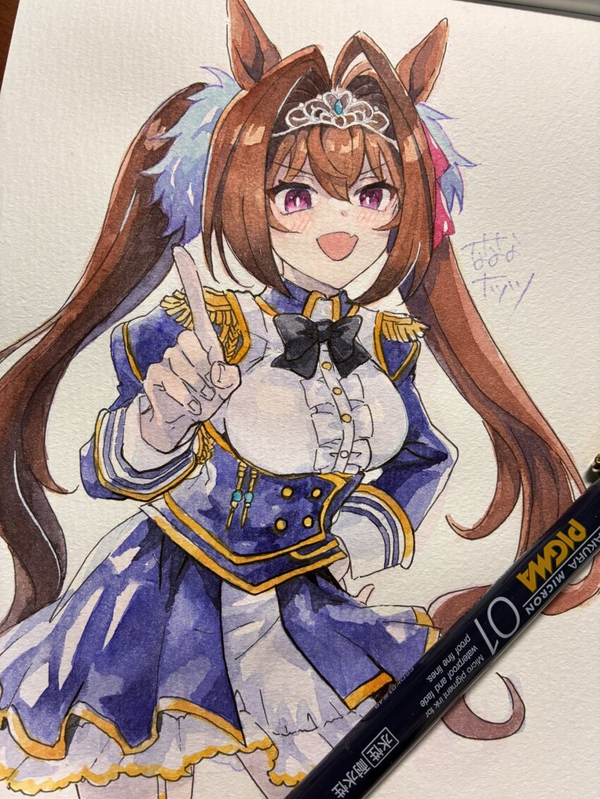 1girl, animal_ears, blush, bow, breasts, brown_hair, commentary_request, daiwa_scarlet_(peak_blue)_(umamusume)