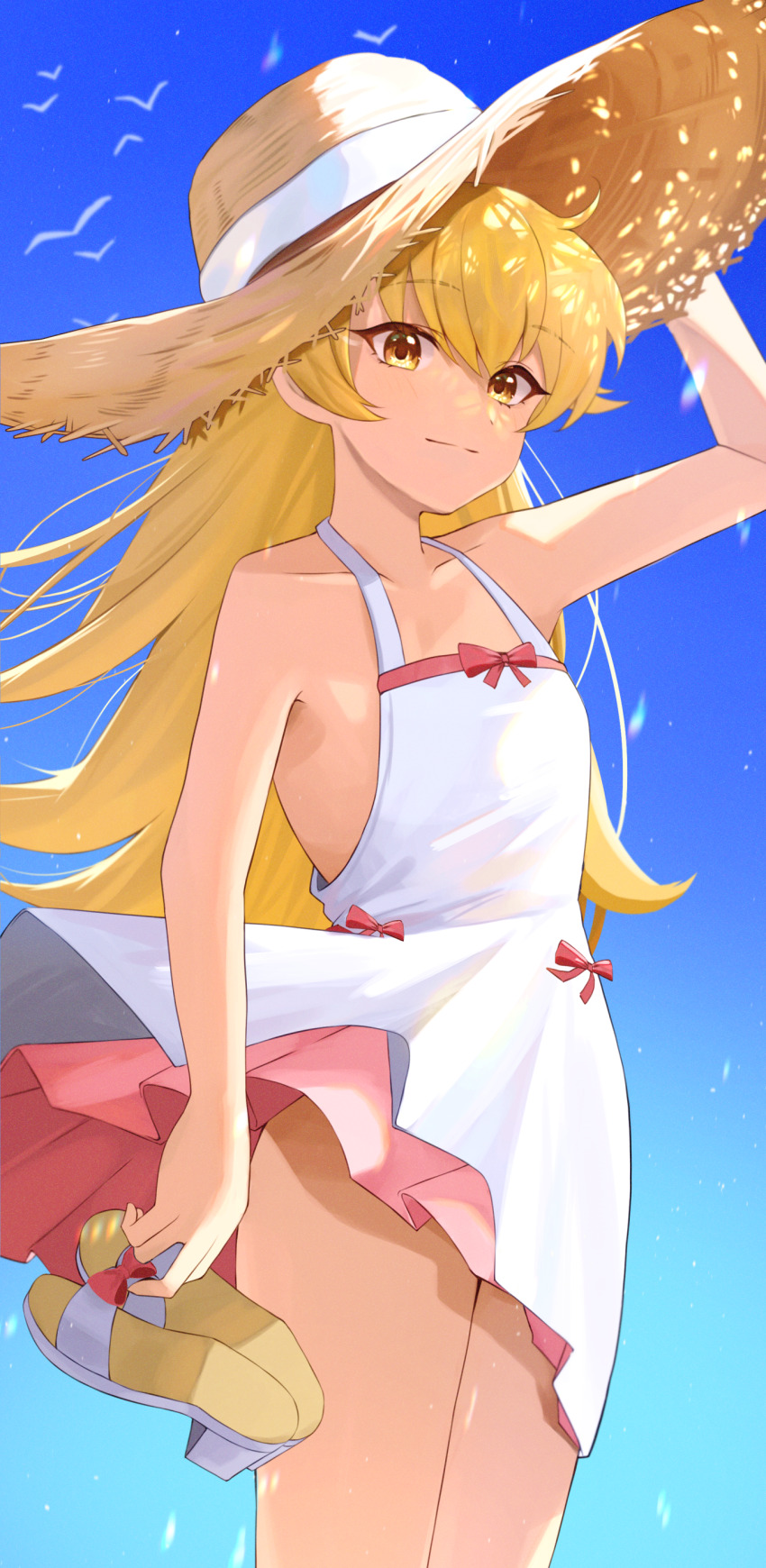 1girl, absurdres, bakemonogatari, bare_shoulders, blonde_hair, clothes_lift, collarbone, commentary_request
