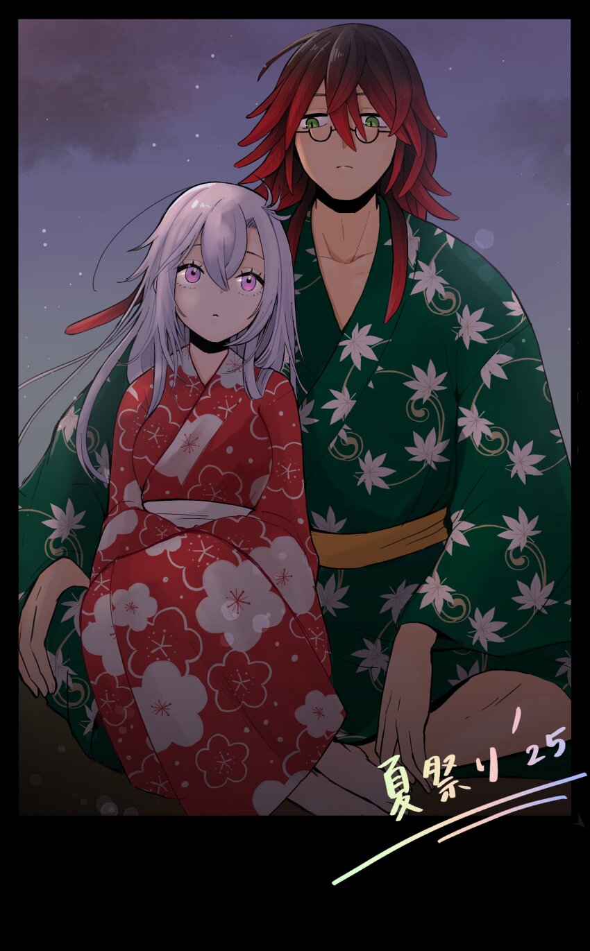 1boy, 1girl, absurdres, brown_hair, commentary_request, couple, glasses, green_eyes