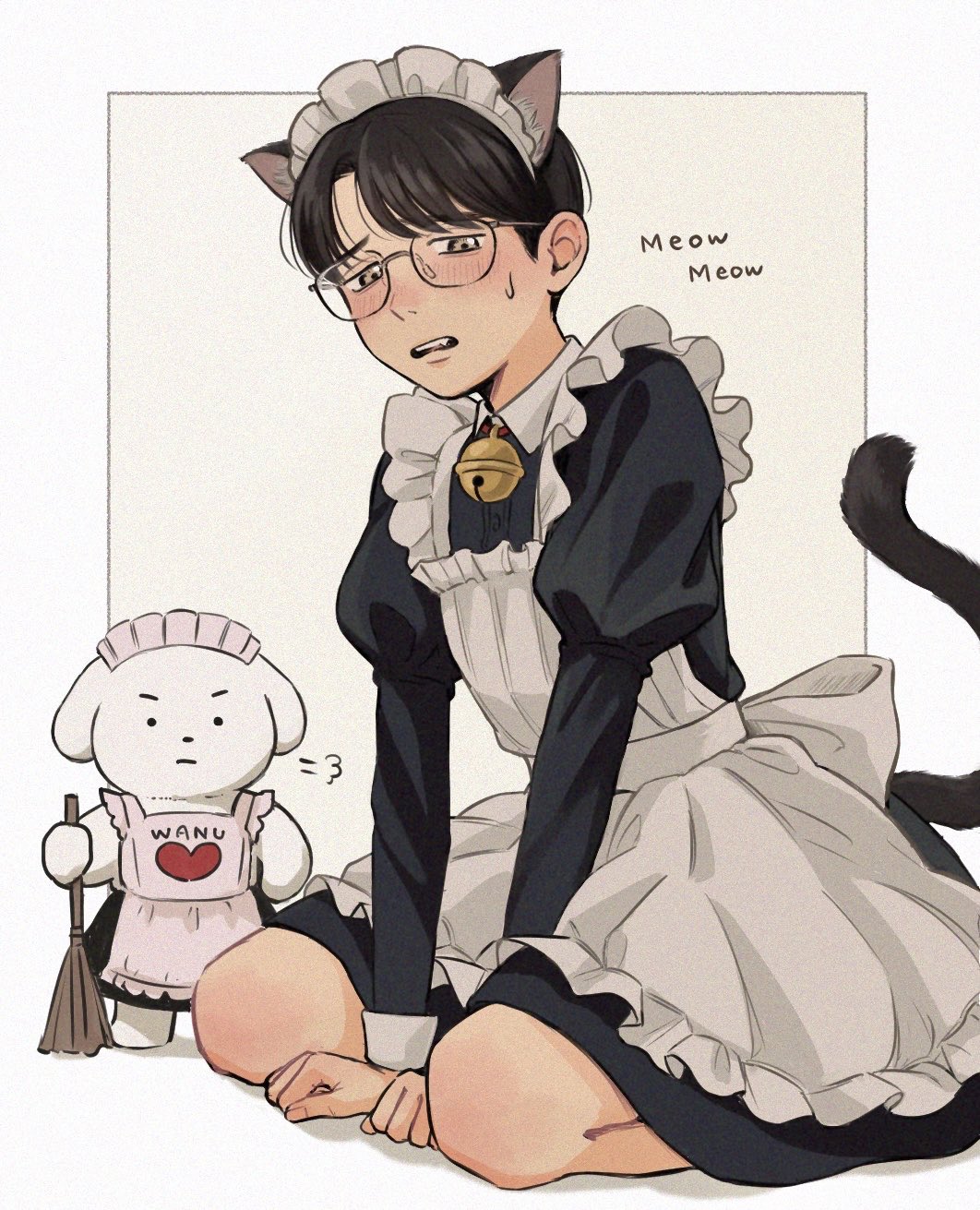 1boy, animal_ears, apron, bell, black_hair, blush, brown_eyes, cat_ears