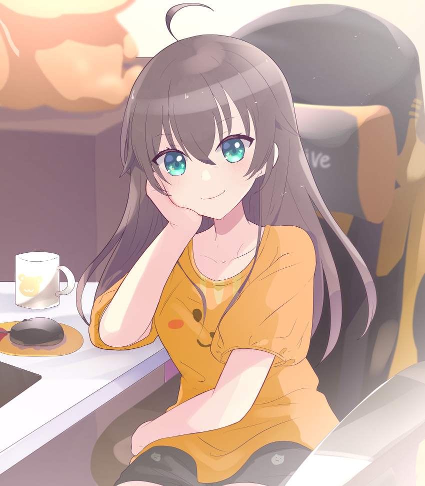 1girl, absurdres, ahoge, alternate_costume, black_shorts, blue_eyes, brown_hair, chair