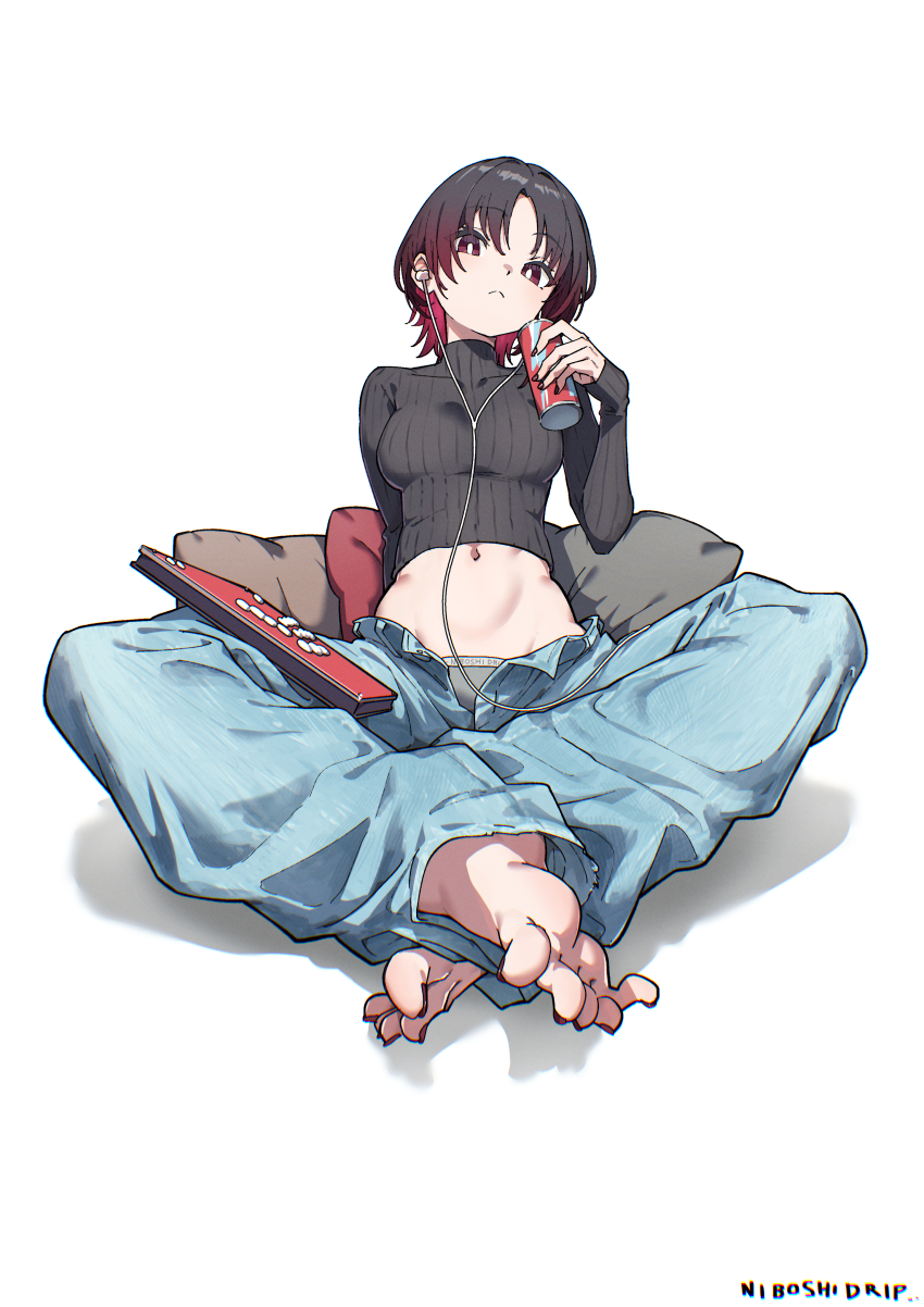 1girl, absurdres, arcade_stick, artist_name, barefoot, black_hair, black_sweater, breasts