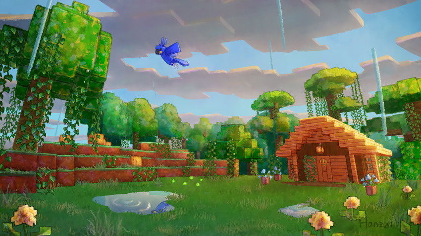 bird, blue_flower, blue_sky, cloud, commentary_request, devil_uo, flower, flower_pot