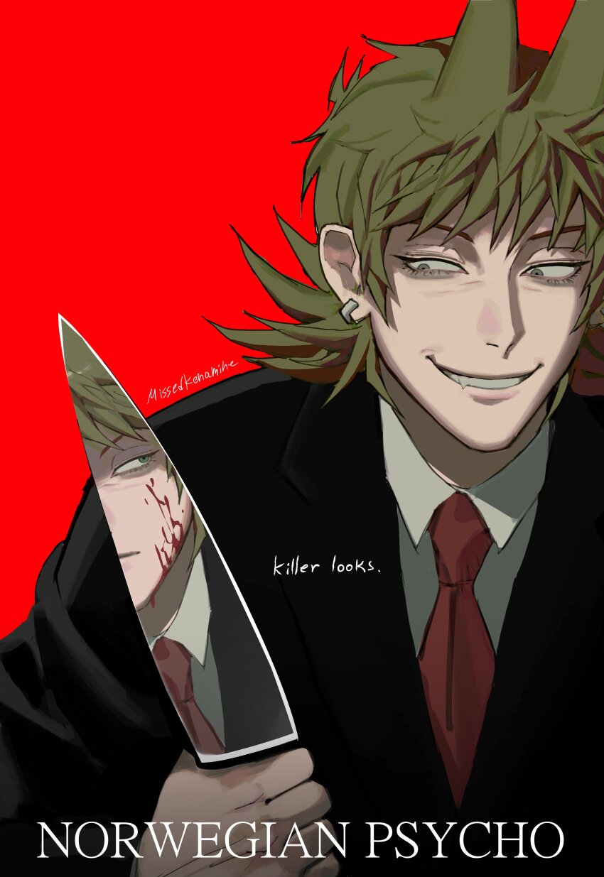 1boy, absurdres, american_psycho, animification, antenna_hair, artist_name, black_suit, blood, brown_hair, commentary, cosplay, eddsworld, english_commentary, english_text, fang, flipped_hair, formal_clothes, grey_eyes, grin, hair_ears, highres, holding, holding_knife, knife, long_sleeves, male_focus, missedkenamine, movie_poster_(medium), necktie, parody, patrick_bateman, patrick_bateman_(cosplay), red_background, red_necktie, short_hair, signature, simple_background, smile, solo, suit, tord_(eddsworld), upper_body