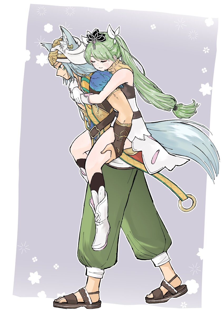 1boy, 1girl, absurdres, ancient_egyptian, ancient_egyptian_clothes, animal_ears, blue_hair, carrying