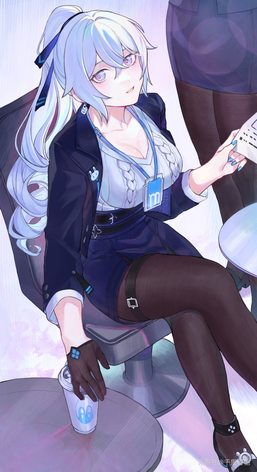 2girls, absurdres, black_pantyhose, blue_coat, blue_skirt, breasts, bronya_zaychik, bronya_zaychik_(outstanding_attitude), bronya_zaychik_(silverwing:_n-ex), chair, chinese_commentary, cleavage, coat, commentary_request, crossed_legs, cup, disposable_cup, drill_hair, grey_eyes, grey_hair, grey_sweater, highres, honkai_(series), honkai_impact_3rd, id_card, large_breasts, long_hair, looking_at_viewer, mingmingzhu, multiple_girls, office_lady, official_alternate_costume, pantyhose, pencil_skirt, skirt, sweater, swivel_chair, very_long_hair