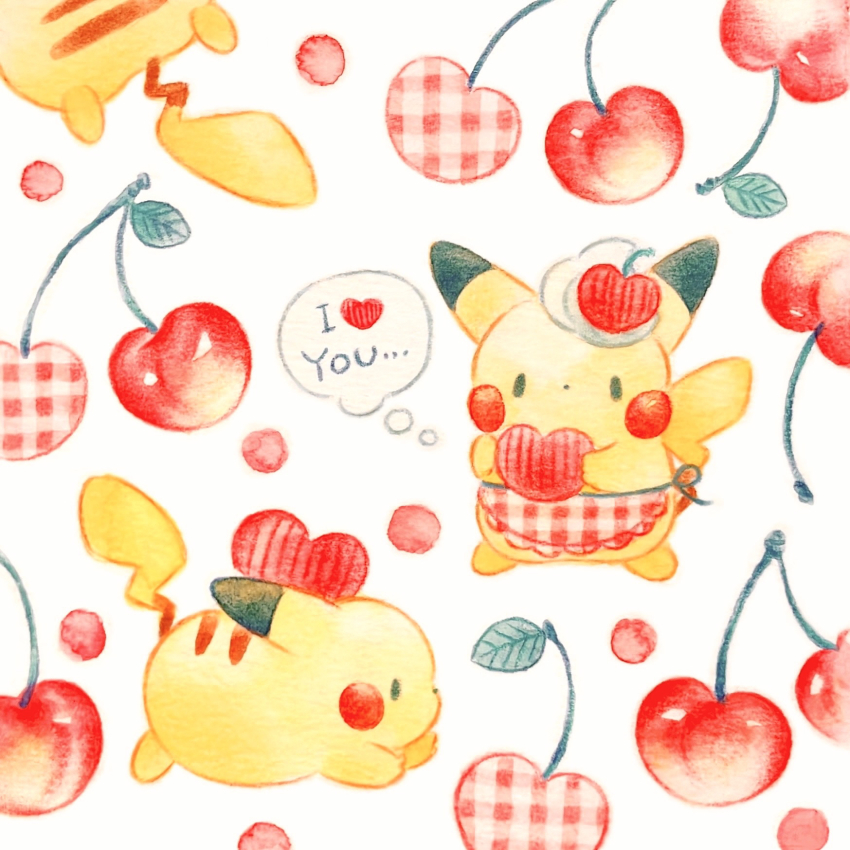 cherry, colored_pencil_(medium), commentary_request, dot_nose, english_text, food, fruit, gen_1_pokemon, heart, highres, holding, holding_heart, morozoff, nintendo, no_humans, painting_(medium), pikachu, pokemon, pokemon_(creature), speech_bubble, thought_bubble, traditional_media, watercolor_(medium), white_background, yukichi_0611