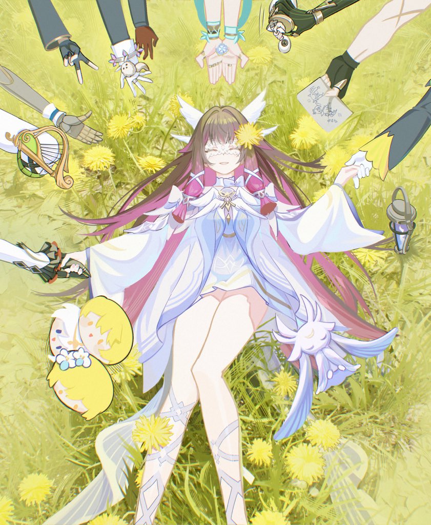 4boys, 6+girls, aether_(genshin_impact), aino_(genshin_impact), albedo_(genshin_impact), arlecchino_(genshin_impact), bag, big_itachi