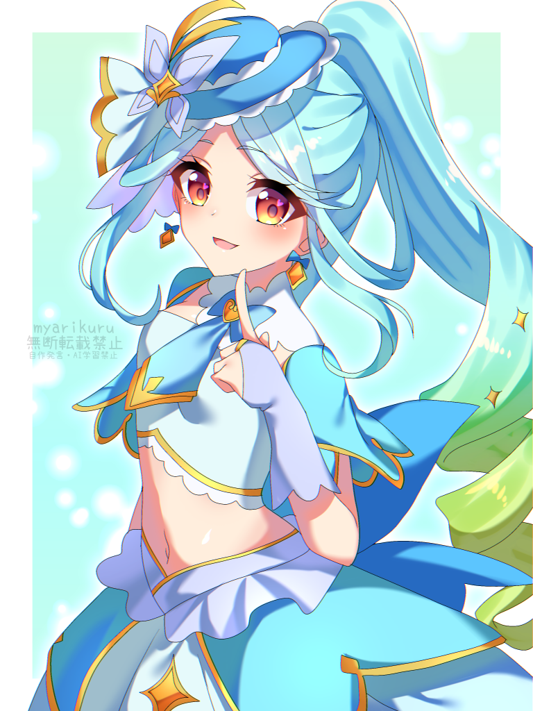 1girl, :d, artist_name, blue_hair, blue_hat, blue_necktie, blue_shrug, blue_skirt