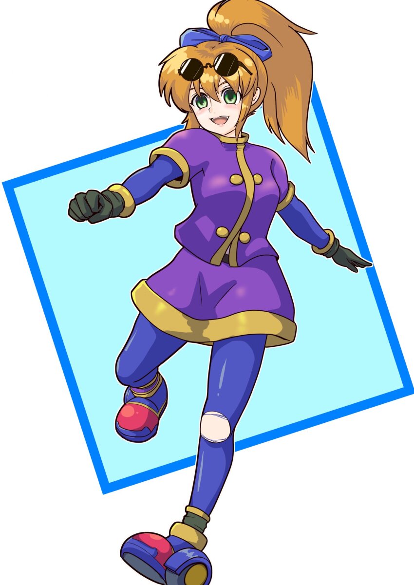 1girl, :d, brown_hair, eyewear_on_head, full_body, gloves, green_eyes, highres