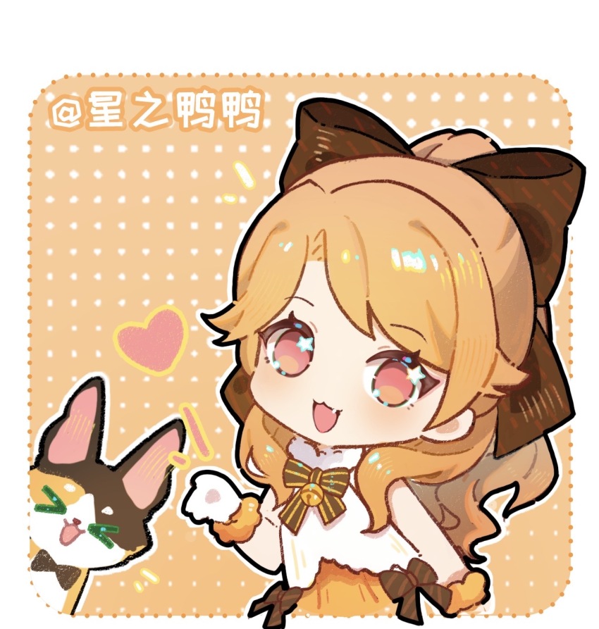 >_<, 1girl, animal, artist_name, bell, black_bow, black_bowtie, border