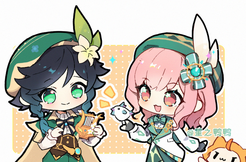 1boy, 1girl, ambird_(infinity_nikki), animal, argyle_clothes, argyle_hat, artist_name, baggy_shorts, beret, bird, bird_on_hand, black_bow, black_bowtie, black_gloves, black_hair, border, bow, bowtie, braid, brown_corset, brown_eyes, buttons, cape, capelet, cat, cherilynorz, chibi, chinese_commentary, closed_mouth, clothed_animal, coat, collared_capelet, collared_coat, collared_shirt, commentary_request, contrast_lapels, corset, cowboy_shot, crossover, dress_shirt, fingerless_gloves, floral_print, flower, frilled_sleeves, frills, gem, gem_hair_ornament, genshin_impact, gloves, gold_buttons, gradient_hair, green_bow, green_bowtie, green_capelet, green_eyes, green_gem, green_hat, green_shorts, hair_bow, hair_flower, hair_ornament, hair_tie, halftone, halftone_background, happy, hat, hat_feather, holding, holding_instrument, holding_lyre, infinity_nikki, instrument, lapel_pin, lapels, leaf_hair_ornament, light_blush, lily_(flower), long_hair, long_sleeves, looking_at_another, lyre, meadow_symphony_(infinity_nikki), momo_(nikki), multicolored_hair, musical_note_brooch, nikki_(nikki), nikki_(series), notched_lapels, notice_lines, open_mouth, orange_background, outline, outside_border, outstretched_hand, pink_hair, pocket, print_headwear, puffy_long_sleeves, puffy_sleeves, shirt, shorts, single_stripe, smile, sparkle, striped_bow, striped_bowtie, striped_clothes, tareme, traditional_bowtie, treble_clef, twin_braids, venti_(genshin_impact), vision_(genshin_impact), wavy_hair, white_border, white_cape, white_cat, white_coat, white_flower, white_outline, white_shirt