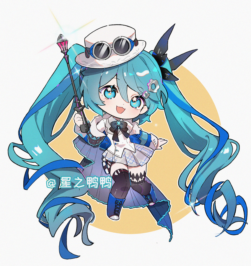 1girl, absurdly_long_hair, aqua_hair, artist_name, asymmetrical_legwear, belt, black_bow, black_bowtie