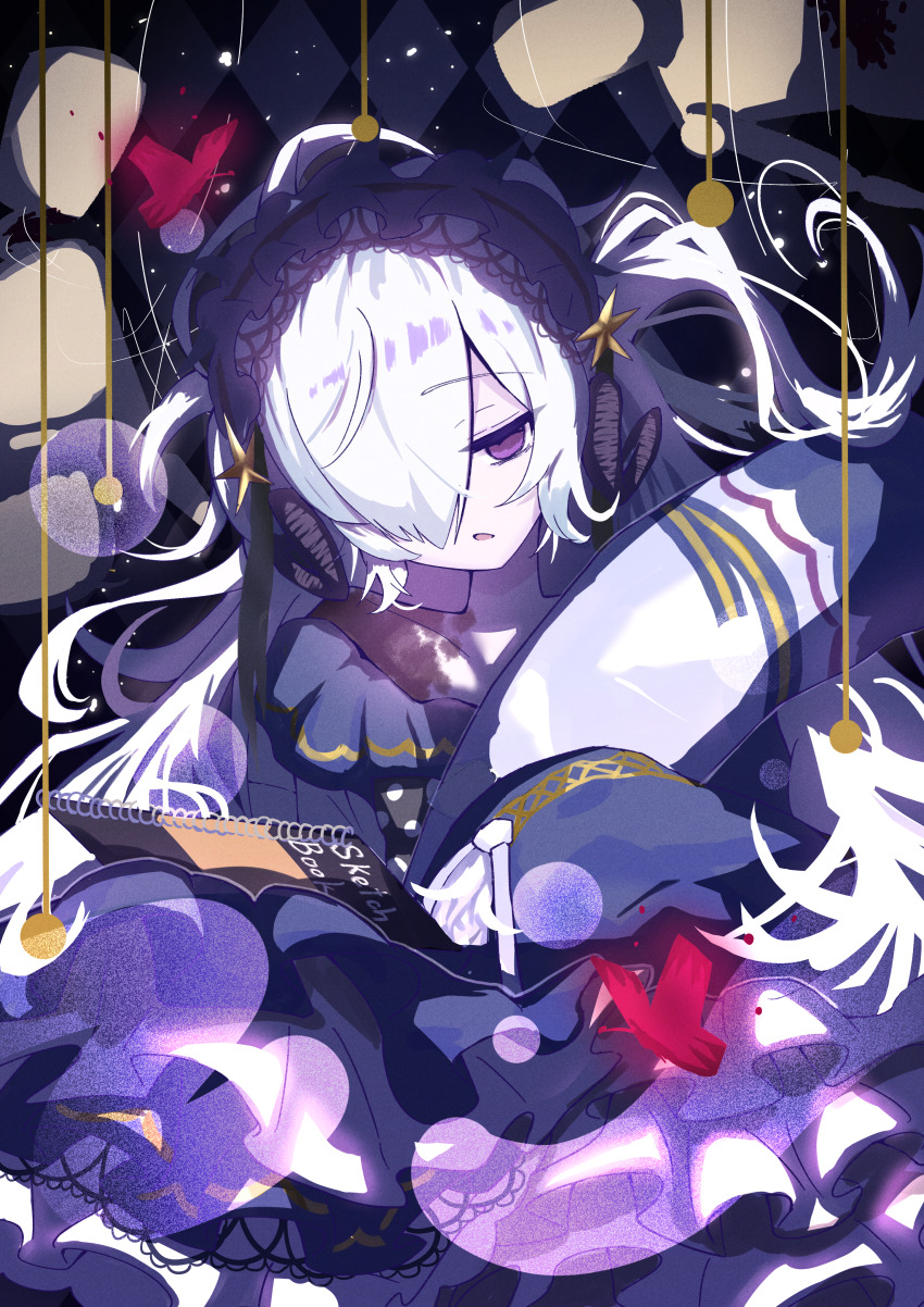 1girl, absurdres, blue_dress, blue_hairband, bow, bug, butterfly, commentary_request