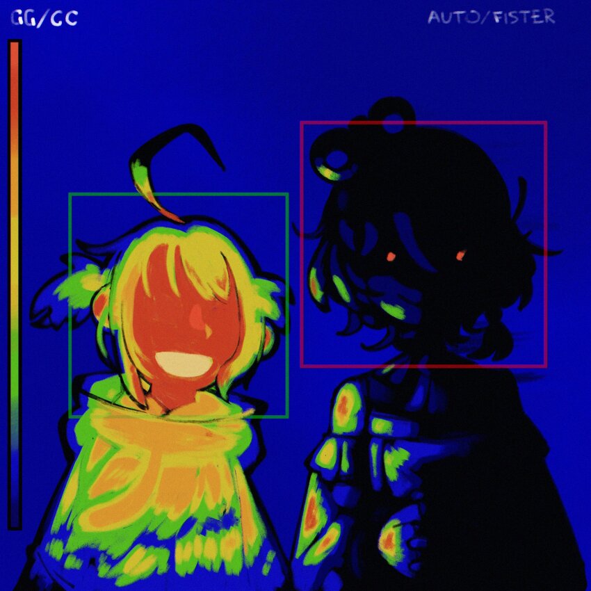 2026, 2girls, ahoge, blue_background, cecilia_immergreen, cecilia_immergreen_(1st_costume), commentary, dark, detached_sleeves, doll_joints, finnjr637, gigi_murin, gigi_murin_(1st_costume), glowing, glowing_eyes, group_name, highres, hololive, hololive_english, hood, hoodie, initial, joints, looking_at_viewer, multiple_girls, red_eyes, smile, thermogram, twintails, untranslatable_commentary, virtual_youtuber, winding_key