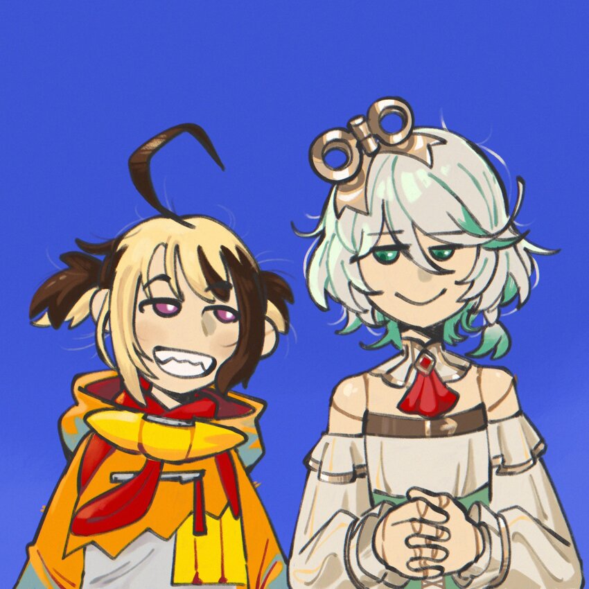 2026, 2girls, ahoge, blue_background, brown_hair, cecilia_immergreen, cecilia_immergreen_(1st_costume), commentary, detached_sleeves, doll_joints, finnjr637, gigi_murin, gigi_murin_(1st_costume), green_eyes, green_hair, grey_hair, grin, highres, hololive, hololive_english, hood, hoodie, interlocked_fingers, joints, looking_at_another, looking_at_viewer, multicolored_hair, multiple_girls, orange_hoodie, purple_eyes, smile, twintails, two-tone_hair, untranslatable_commentary, virtual_youtuber, winding_key