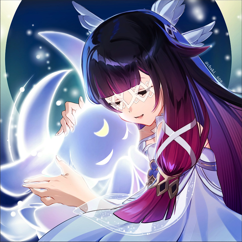 1girl, bare_shoulders, black_hair, blunt_bangs, closed_eyes, columbina_(genshin_impact), commentary_request, dress