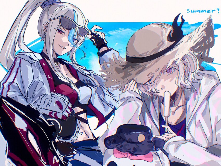 1boy, 1girl, alternate_costume, black_choker, blue_background, blue_hair, blue_pants, blue_shirt