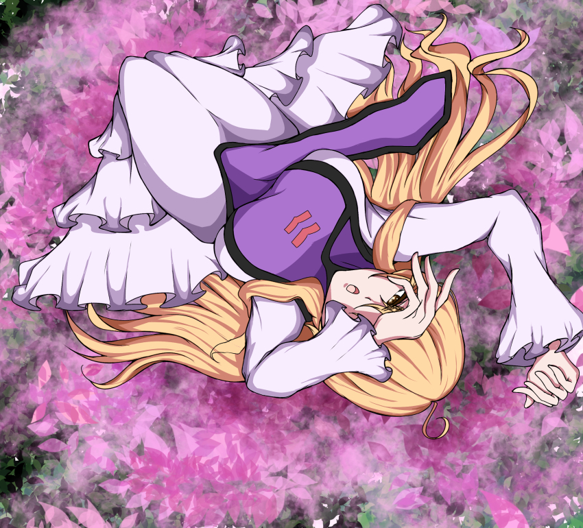 1girl, blonde_hair, commentary_request, dress, highres, long_hair, looking_at_viewer, lying, missing_headwear, on_back, purple_tabard, s_watatsuki_n, solo, tabard, touhou, white_dress, yakumo_yukari, yellow_eyes