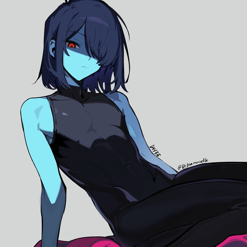 1other, bare_arms, black_bodysuit, blue_hair, bodysuit, closed_mouth, commentary, covered_navel