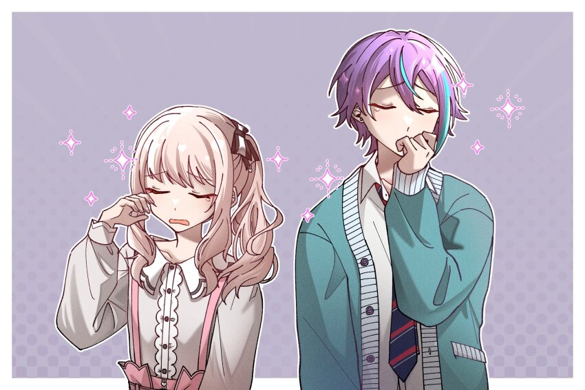 1boy, 1other, akiyama_mizuki, androgynous, arm_at_side, asymmetrical_sidelocks, blue_hair, border