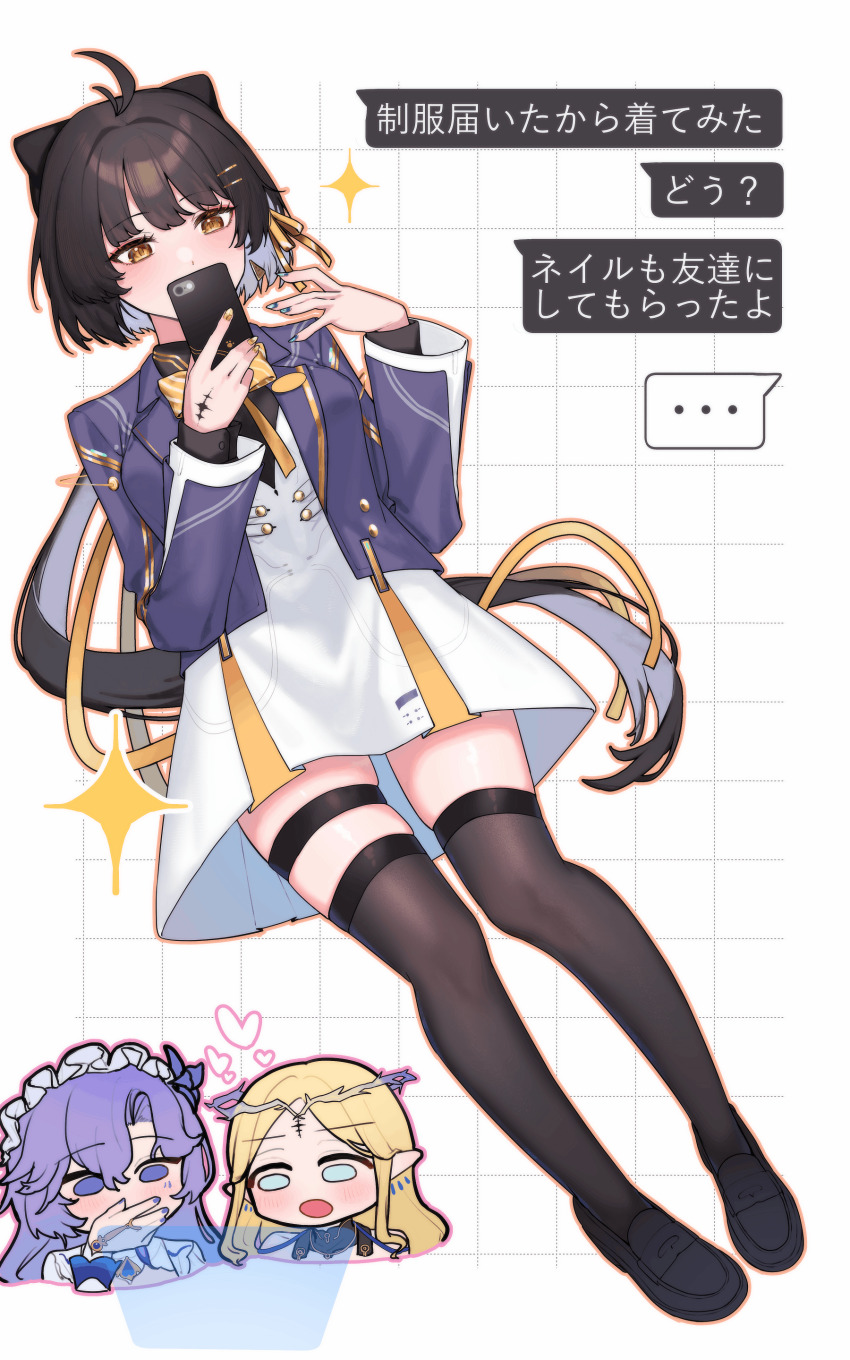 3girls, absurdres, alternate_costume, black_hair, black_thighhighs, breasts, cantarella_(wuthering_waves), cartethyia_(wuthering_waves)