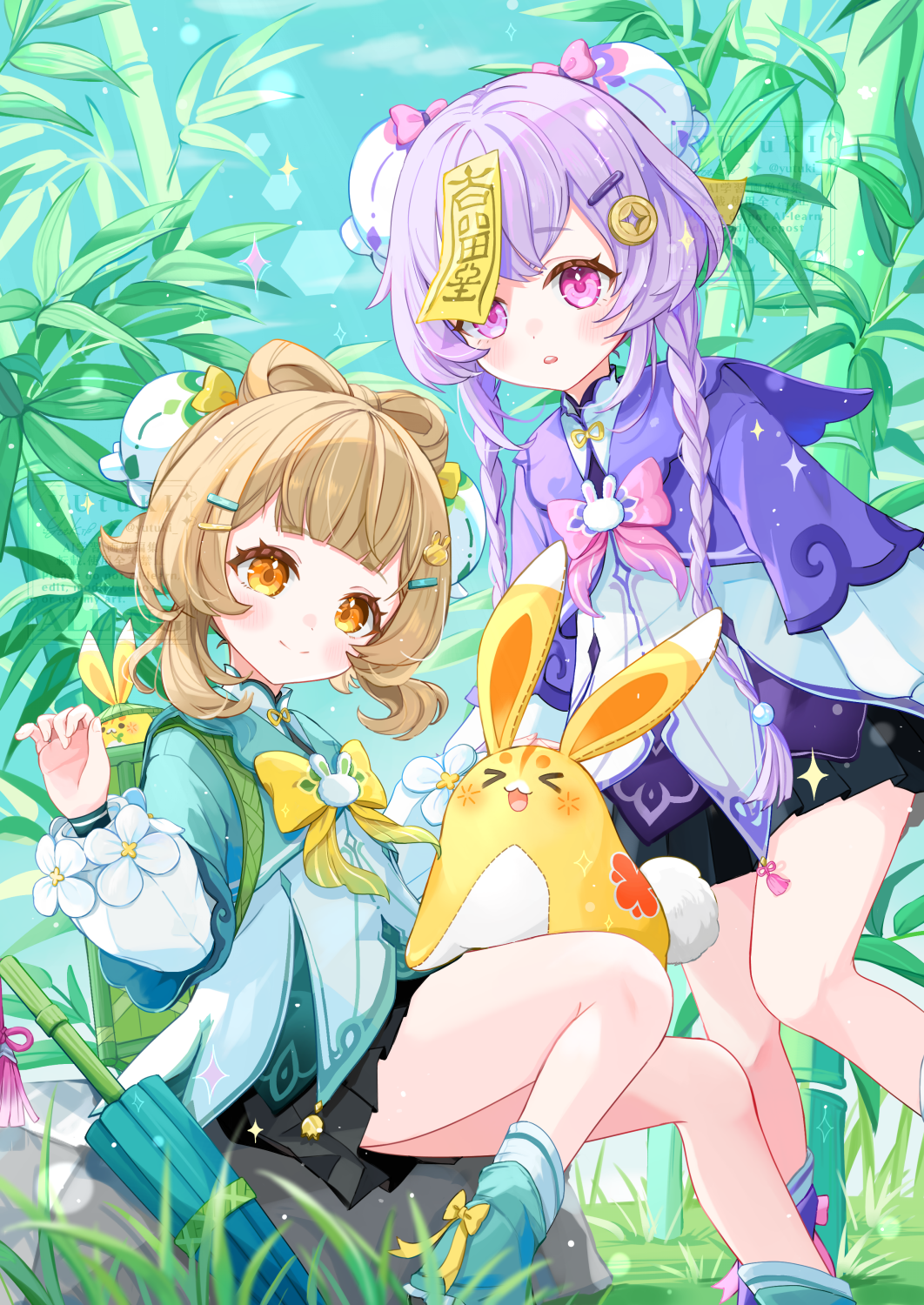 2girls, backpack, bag, black_skirt, blue_shirt, blunt_bangs, blush, bow