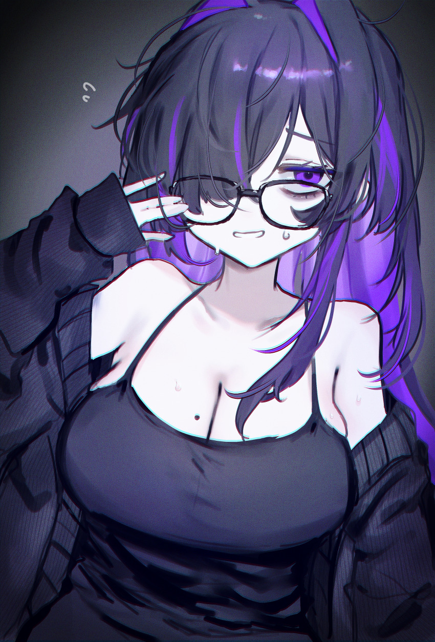 1girl, absurdres, black_cardigan, black_dress, black_hair, breasts, cardigan, cleavage, colored_inner_hair, commentary_request, dress, flying_sweatdrops, glasses, goddess_of_victory:_nikke, highres, label_(nikke), large_breasts, long_hair, mole, mole_on_breast, muki, multicolored_hair, open_cardigan, open_clothes, purple_eyes, purple_hair, solo, streaked_hair, sweatdrop, upper_body