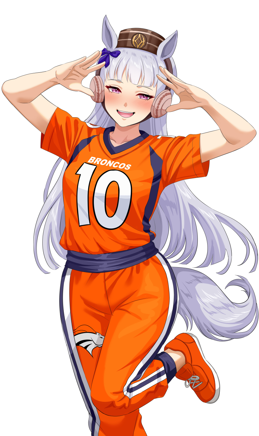 1girl, :d, absurdres, animal_ears, artist_request, bow, commentary, denver_broncos