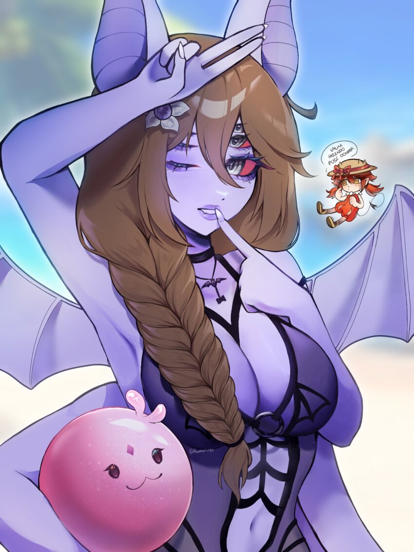 animal_ears, arthropod_girl, bat_ears, braid, brown_hair, carol_(lilum), colored_sclera, colored_skin