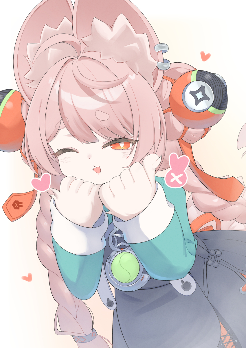 1girl, absurdres, ahoge, animal_ear_fluff, animal_ear_piercing, animal_ears, black_dress, blush, braid, braided_twintails, bright_pupils, commentary_request, dress, furry, furry_female, green_shirt, hair_ornament, hands_on_own_chin, heart, highres, inumiya_nudora, long_hair, looking_at_viewer, one_eye_closed, open_mouth, pinafore_dress, pink_fur, pink_hair, rabbit_ears, rabbit_girl, red_eyes, screw, shirt, short_eyebrows, sleeveless, sleeveless_dress, solo, sphere_hair_ornament, teeth, thick_eyebrows, upper_body, upper_teeth_only, white_background, white_pupils, zenless_zone_zero, zhao_(zenless_zone_zero)