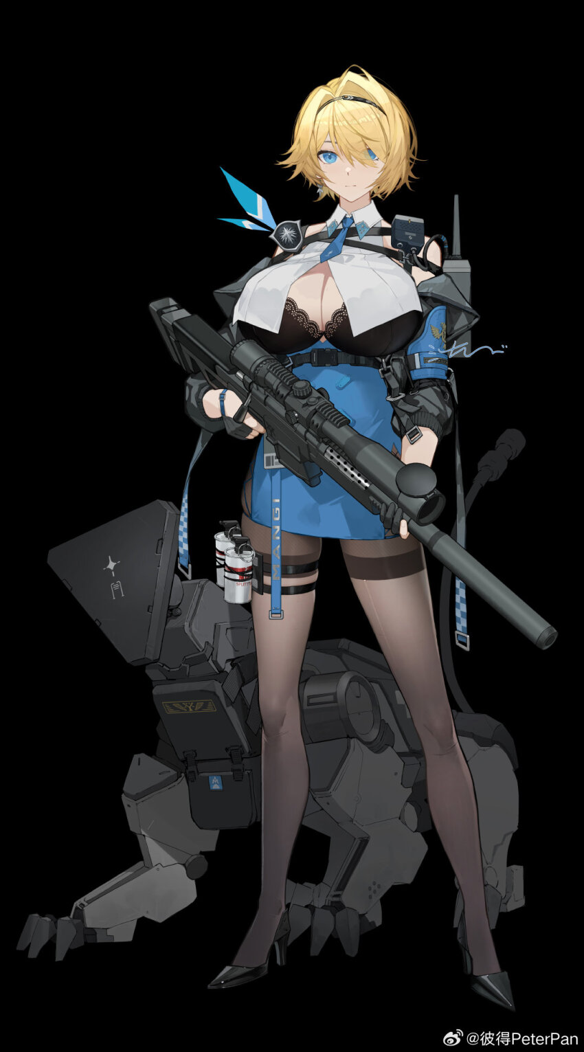 1girl, black_background, black_bra, black_pantyhose, blonde_hair, blue_skirt, bolt_action, bra