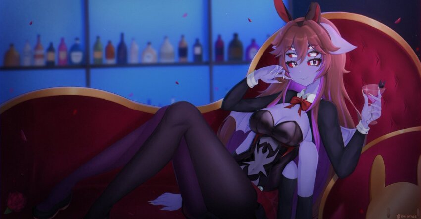 animal_ear_hairband, animal_ears, arthropod_girl, black_leotard, brown_hair, colored_skin, couch, dante_will, dante_will_(bunny), dante_will_(spider), detached_sleeves, extra_arms, extra_eyes, fake_animal_ears, fingernails, hairband, insect_girl, koimyas, leotard, monster_girl, neobaka, on_couch, open_clothes, open_leotard, purple_skin, rabbit_ear_hairband, rabbit_ears, sharp_fingernails, smile, spider_girl, strapless, strapless_leotard, two-tone_pantyhose, wings